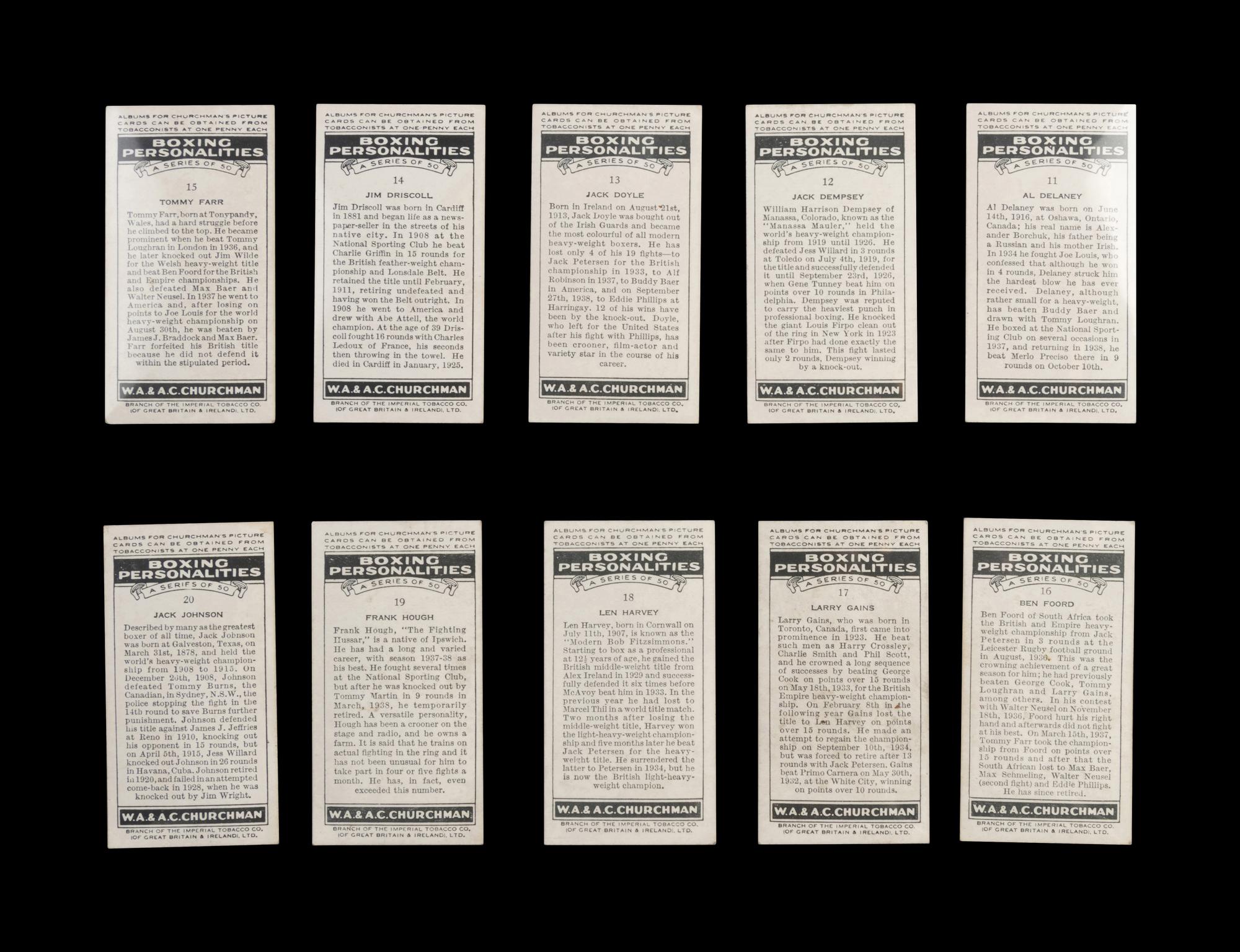 A Complete Set of 50 1938 Churchman Boxing Personalities Cards,