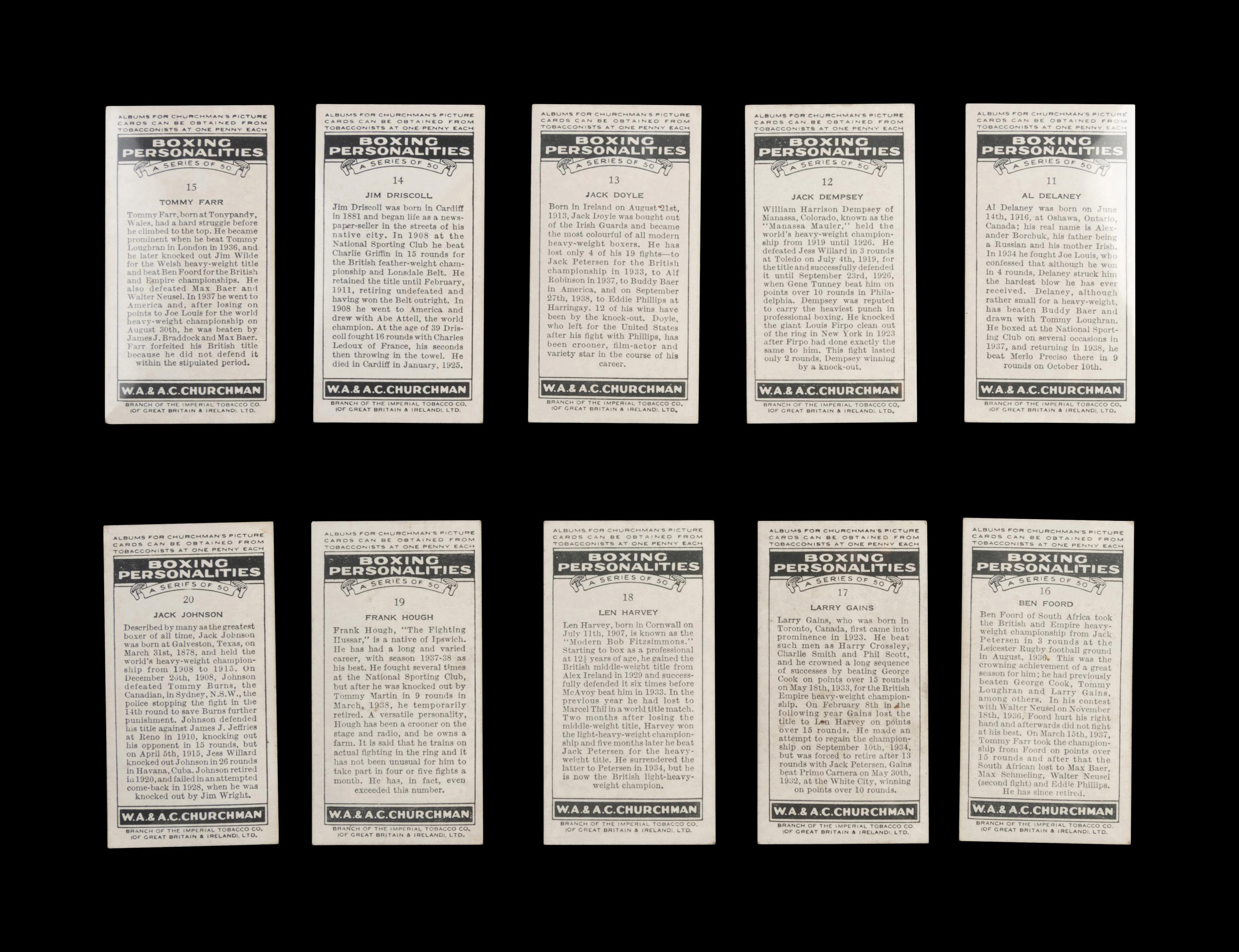 A Complete Set of 50 1938 Churchman Boxing Personalities Cards,