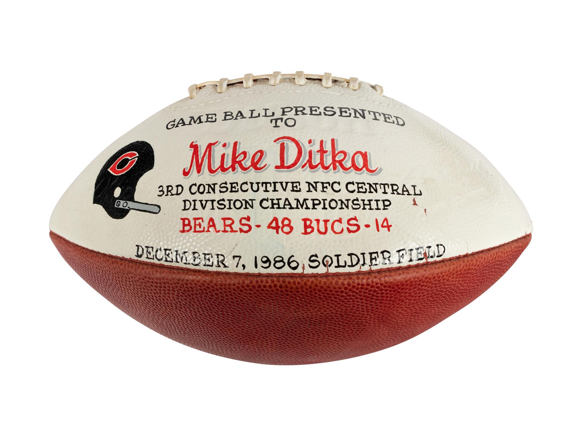 A 1986 Chicago Bears vs. Tampa Bay Buccaneers Game Ball Presented to Mike Ditka Formerly Displayed at Mike Ditka's Restaurant