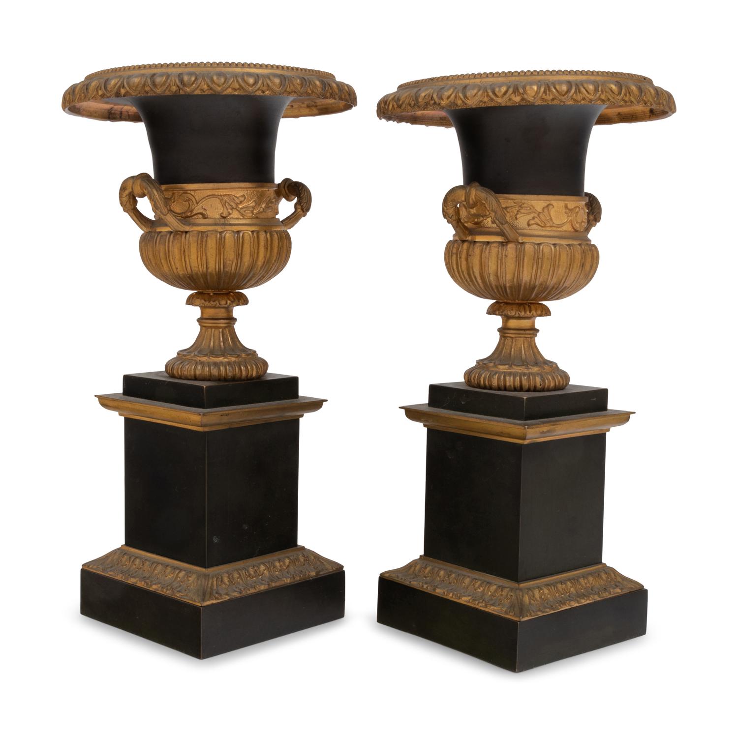 A Pair of Continental Gilt and Patinated Bronze Campagna Urns