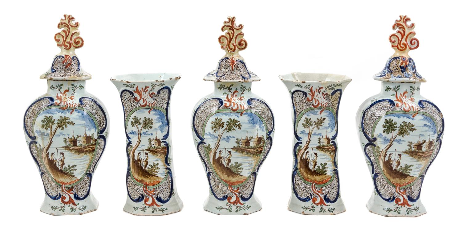 A Dutch Pottery Five-Piece Garniture Height of jars 15 inches.