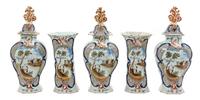 A Dutch Pottery Five-Piece Garniture Height of jars 15 inches.