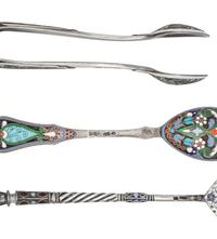 A Group of Six Russian Enameled Silver Flatware Articles