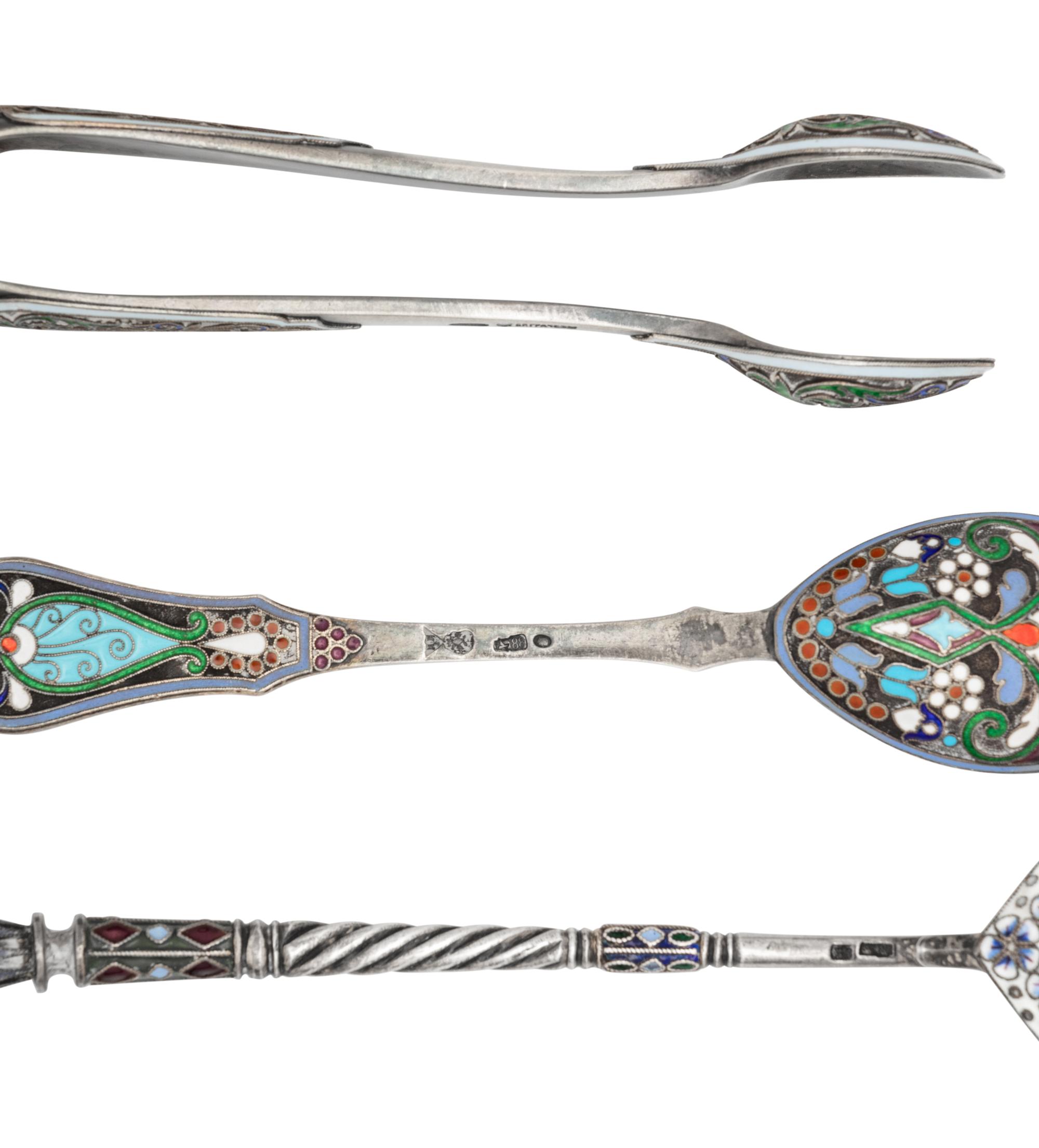 A Group of Six Russian Enameled Silver Flatware Articles