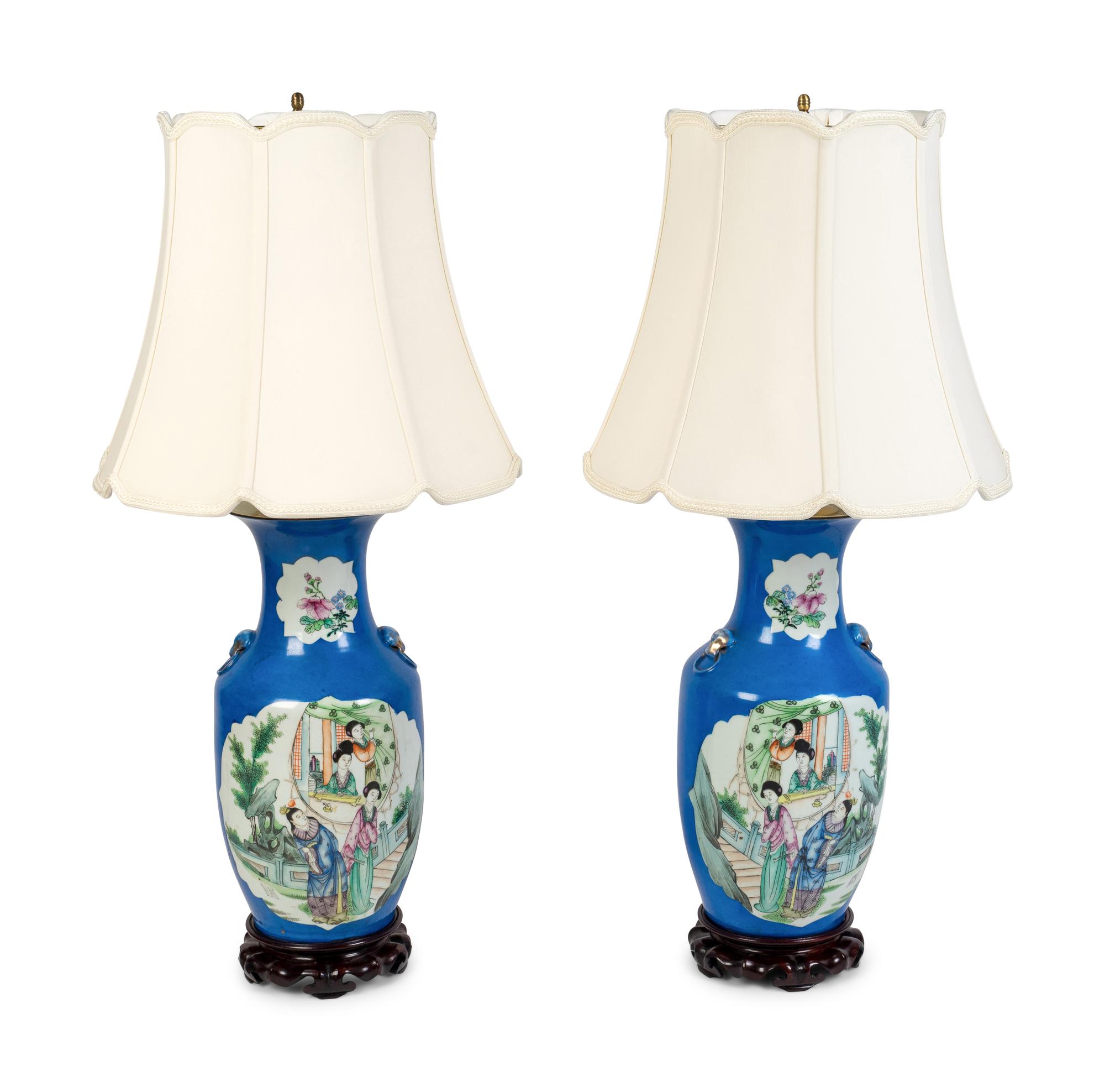 A Pair of Chinese Export Porcelain Vases Mounted as Lamps