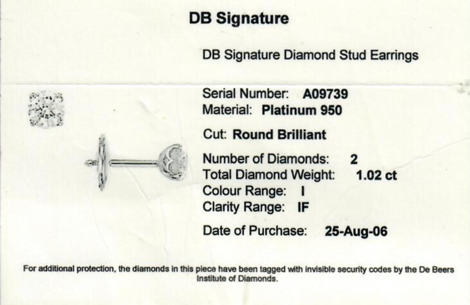 A Pair of Platinum and Diamond 'DB Signature' Stud Earrings, De Beers, 1.35 dwts.