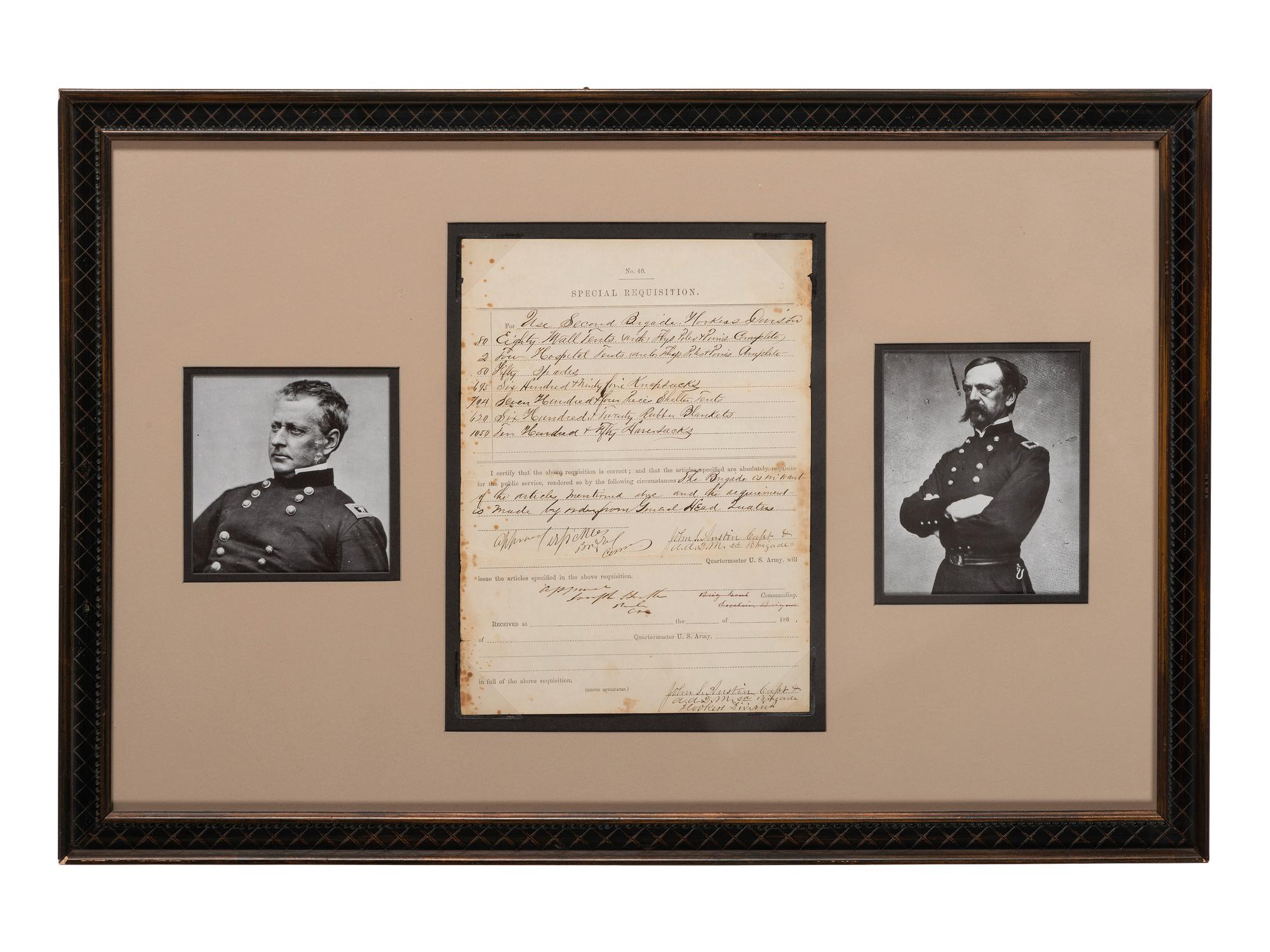 [CIVIL WAR]. SICKLES, Daniel (1819-1914) and Joseph HOOKER (1814-1879). Partly-printed No. 40 Special Requisition document signed ("D.Sickles", "Joseph Hooker"). N.p., [ca October 1861-March 1862].
