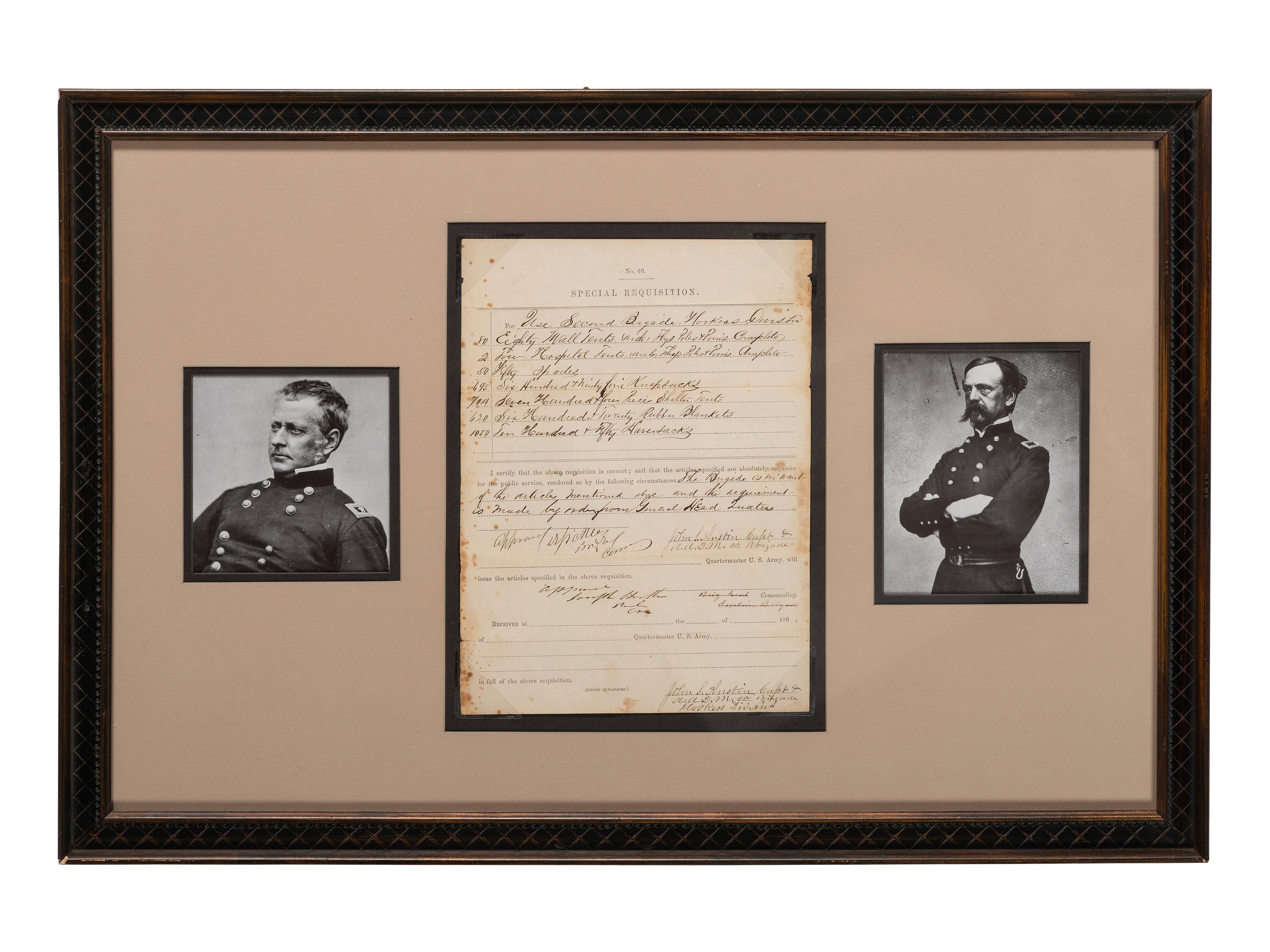 [CIVIL WAR]. SICKLES, Daniel (1819-1914) and Joseph HOOKER (1814-1879). Partly-printed No. 40 Special Requisition document signed ("D.Sickles", "Joseph Hooker"). N.p., [ca October 1861-March 1862].