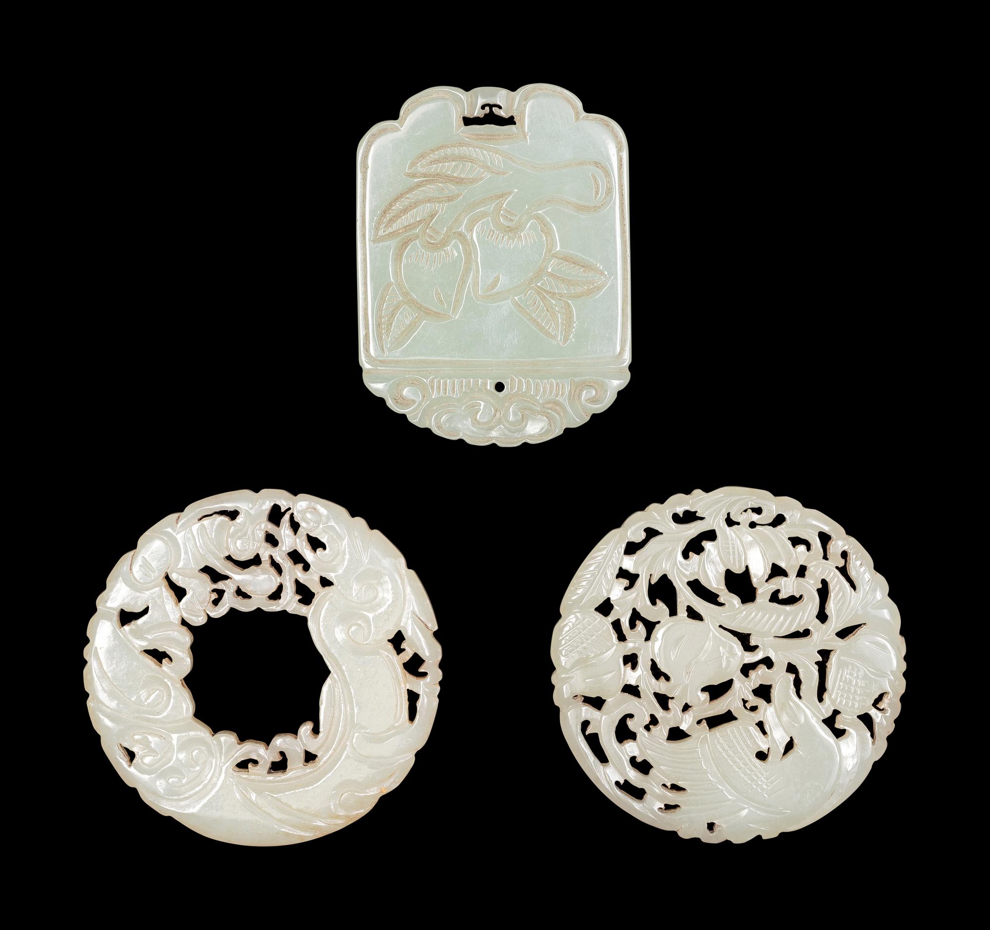 Three Carved Celadon Jade Plaques