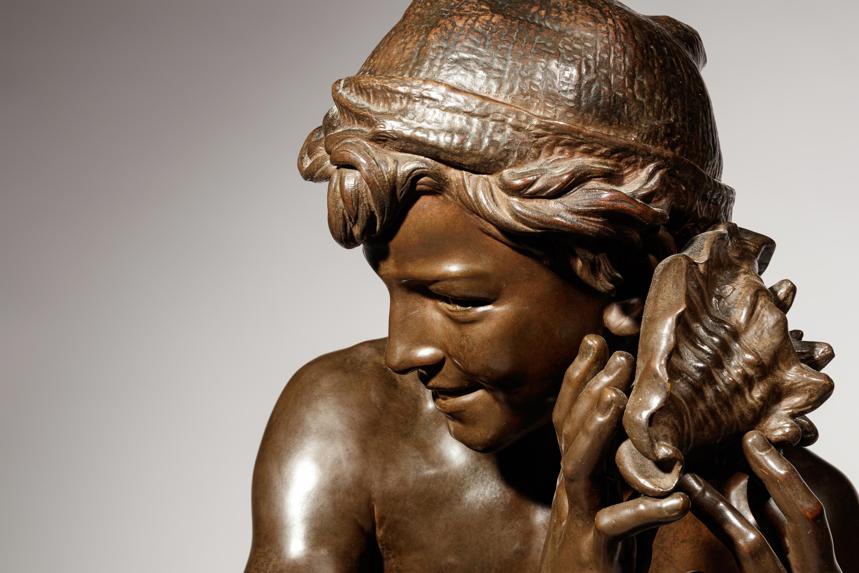 Jean-Baptiste Carpeaux (French, 1827-1875) | 19th Century | Le jeune pêcheur à la coquille | bronze | signed JB Carpeaux and with Propriété Carpeaux stamp | Height 35 1/2 x width 15 5/8 x depth 18 5/8 inches.