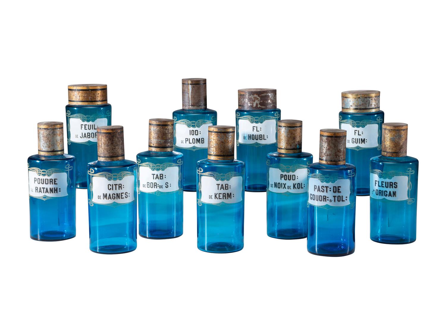 Eleven Glass Apothecary Bottles
