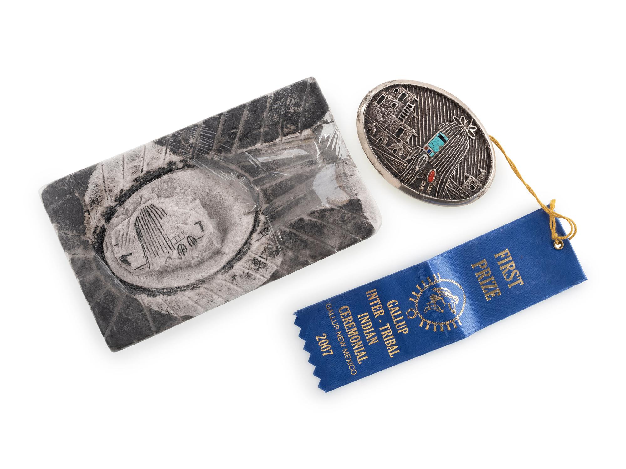Award Winning Tufa Cast Sterling Silver Katsina and Pueblo Scene Belt Buckle, AND Tufa Mold