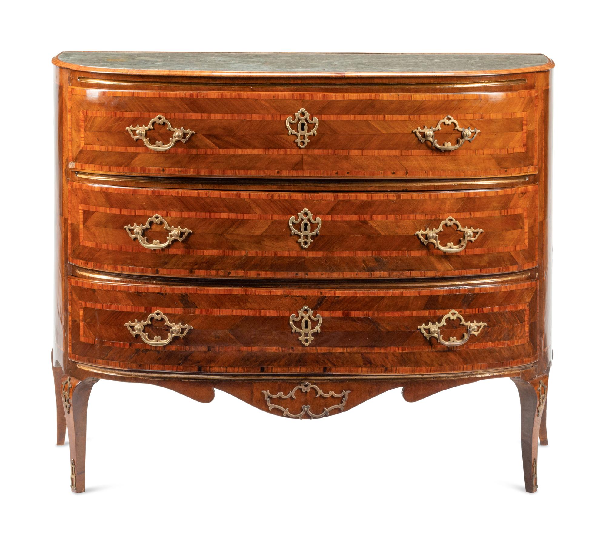 A Continental Walnut, Marquetry and Scagliola-Inset Commode