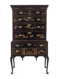 A Queen Anne Japanned Maple and Pine Flat Top High Chest