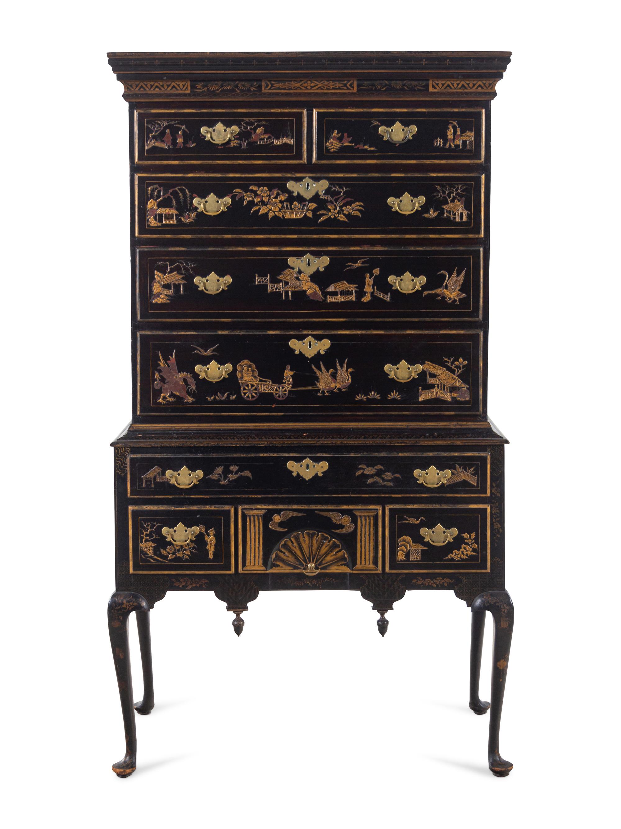 A Queen Anne Japanned Maple and Pine Flat Top High Chest