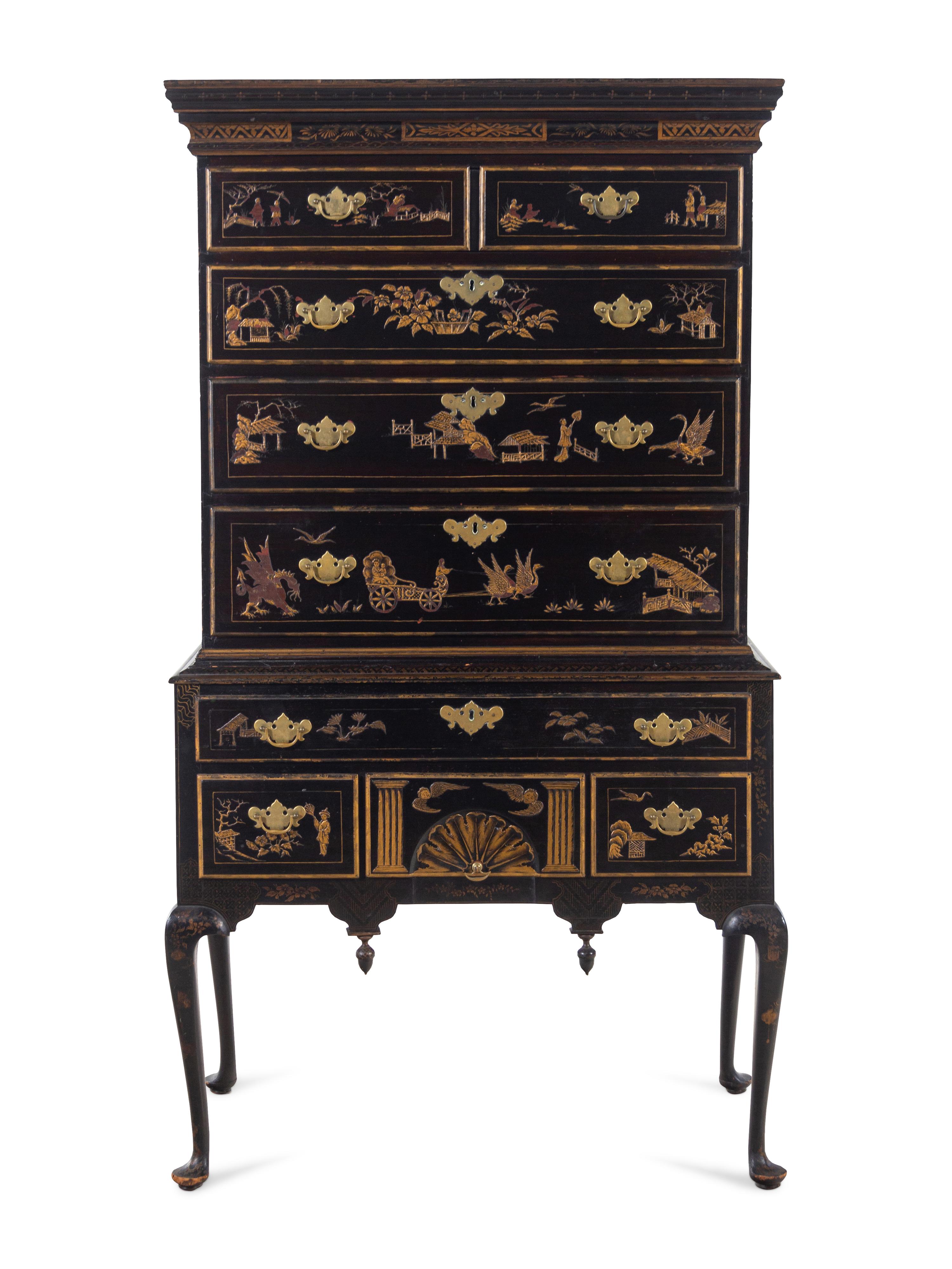 A Queen Anne Japanned Maple and Pine Flat Top High Chest