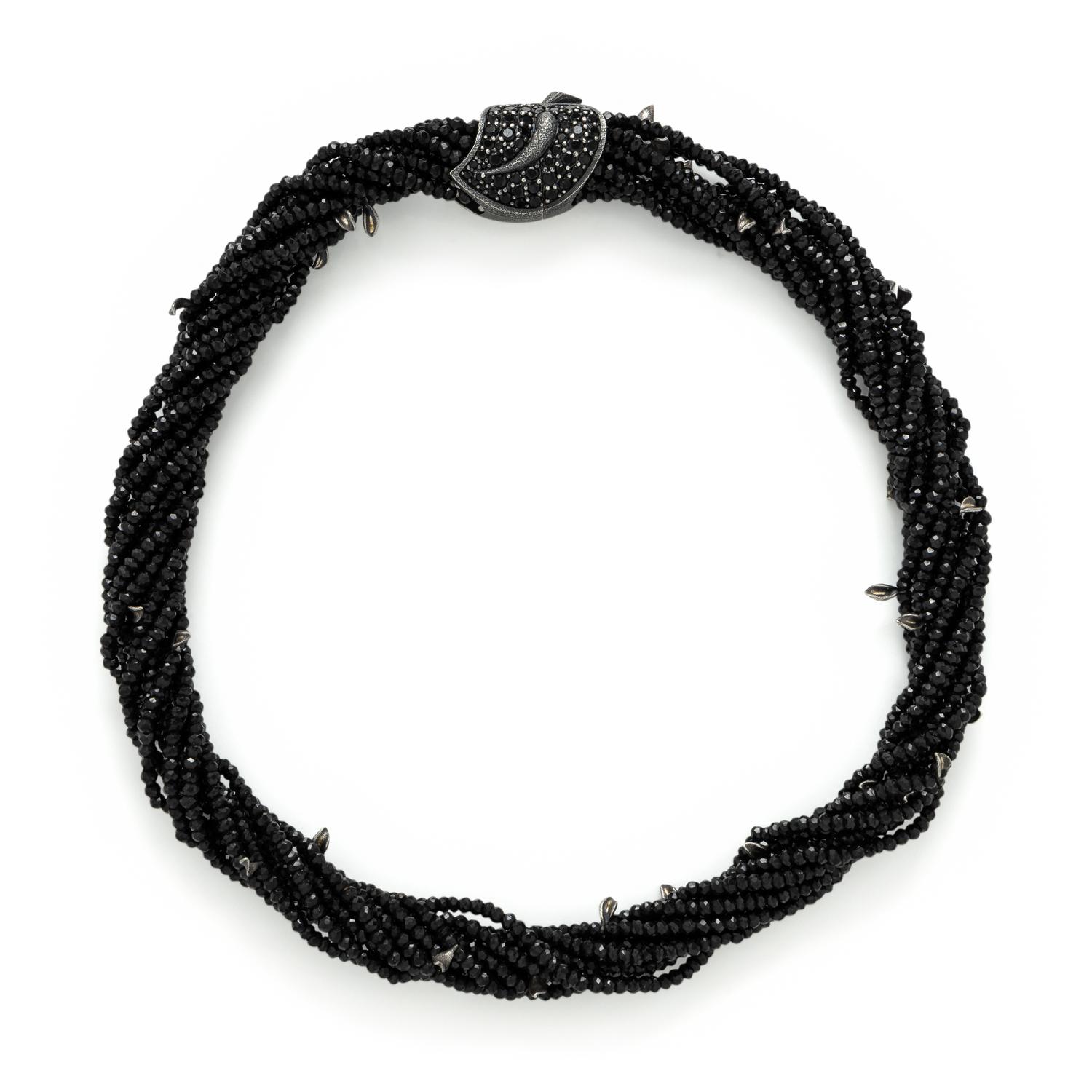 Alex Soldier, Black Spinel, Black Diamond, and Sterling Silver Leaf Motif Beaded Necklace