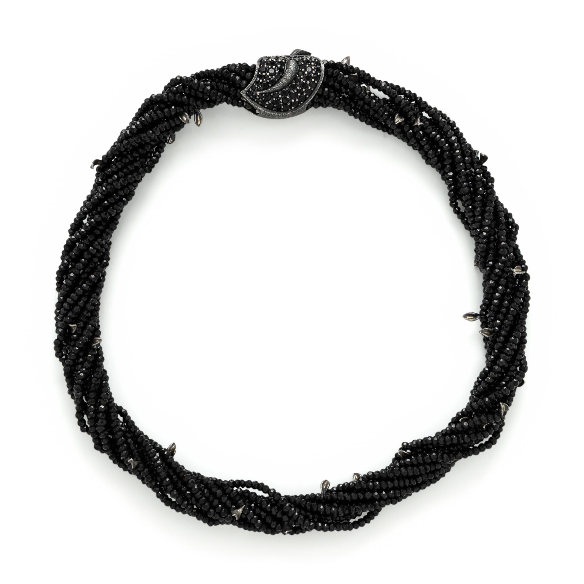 Alex Soldier, Black Spinel, Black Diamond, and Sterling Silver Leaf Motif Beaded Necklace