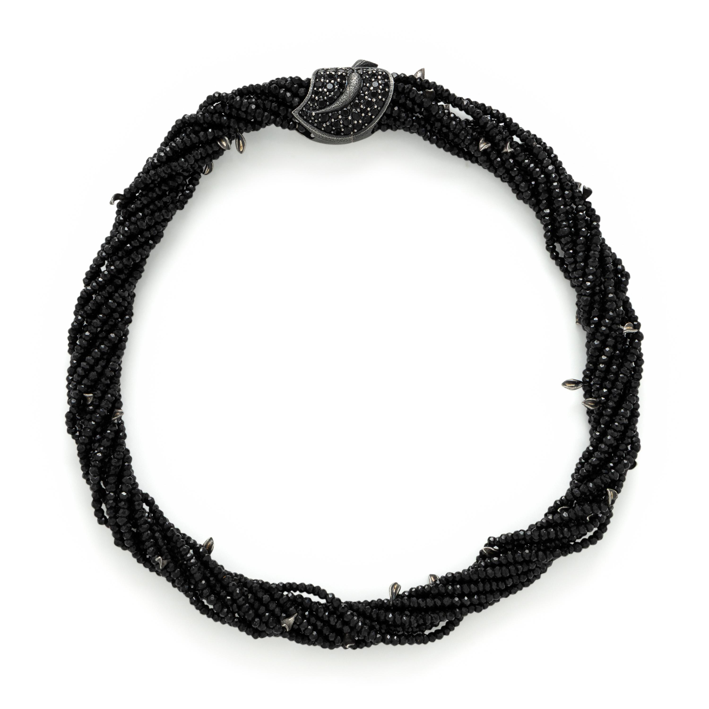 Alex Soldier, Black Spinel, Black Diamond, and Sterling Silver Leaf Motif Beaded Necklace