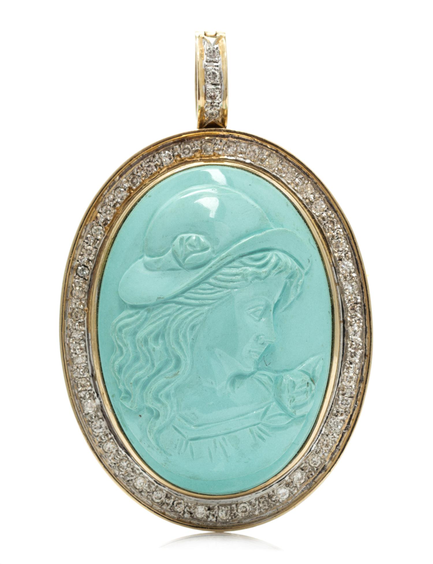 A 14 Karat Yellow Gold, Turquoise Cameo and Diamond Pendant/Brooch, 15.50 dwts.