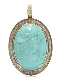 A 14 Karat Yellow Gold, Turquoise Cameo and Diamond Pendant/Brooch, 15.50 dwts.