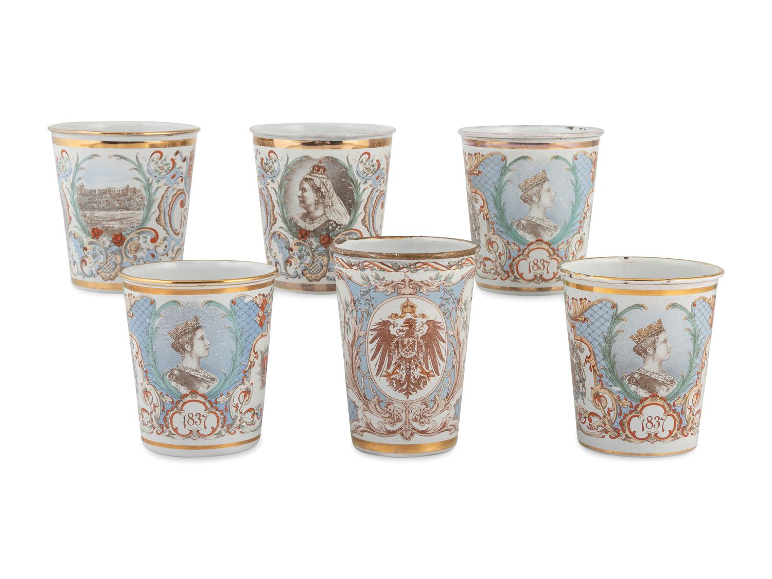 Six Tin Enameled Commemorative Beakers