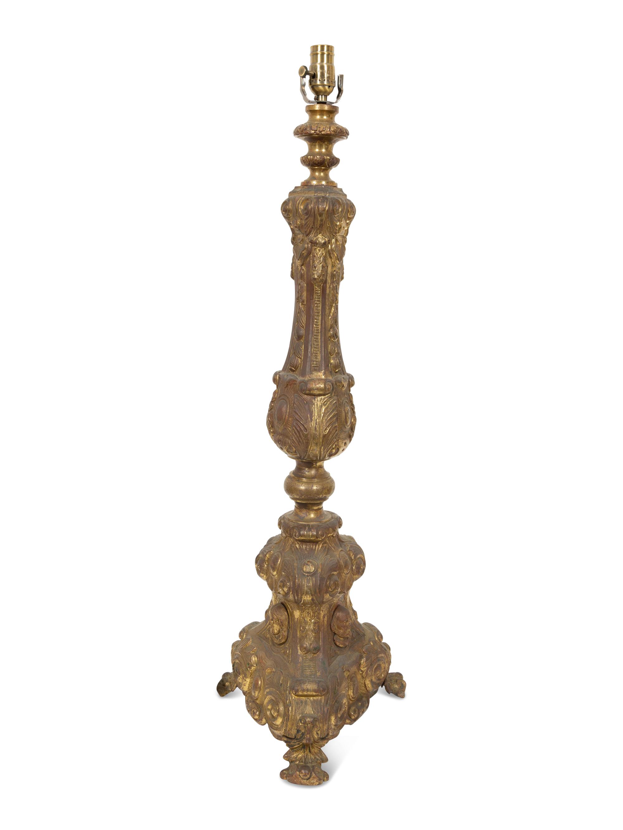 A Continental Chased Brass Pricket-Style Table Lamp