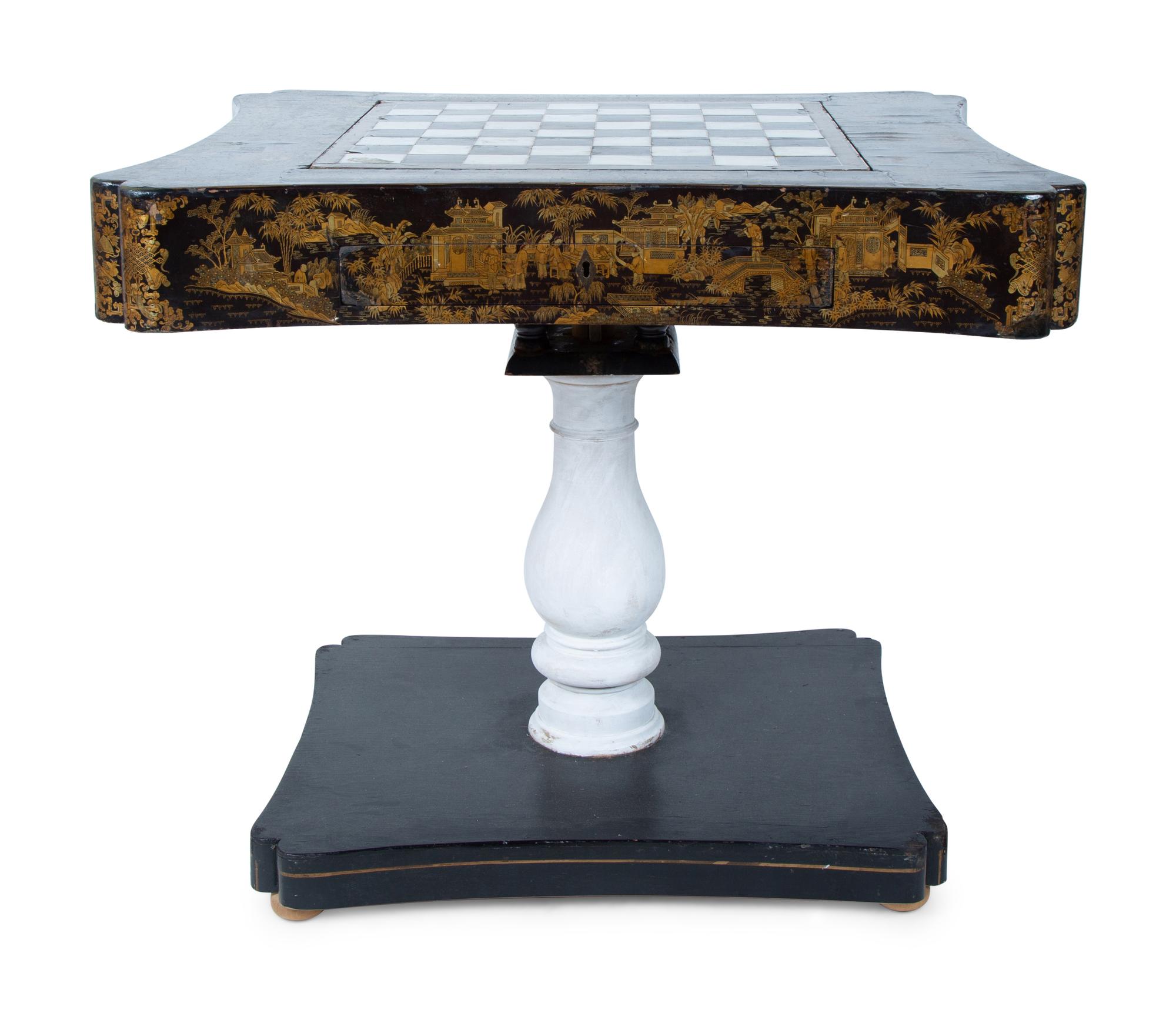 A Chinese Export Lacquer Game Table on a Later Painted Wood Base — 19TH CENTURY AND LATER