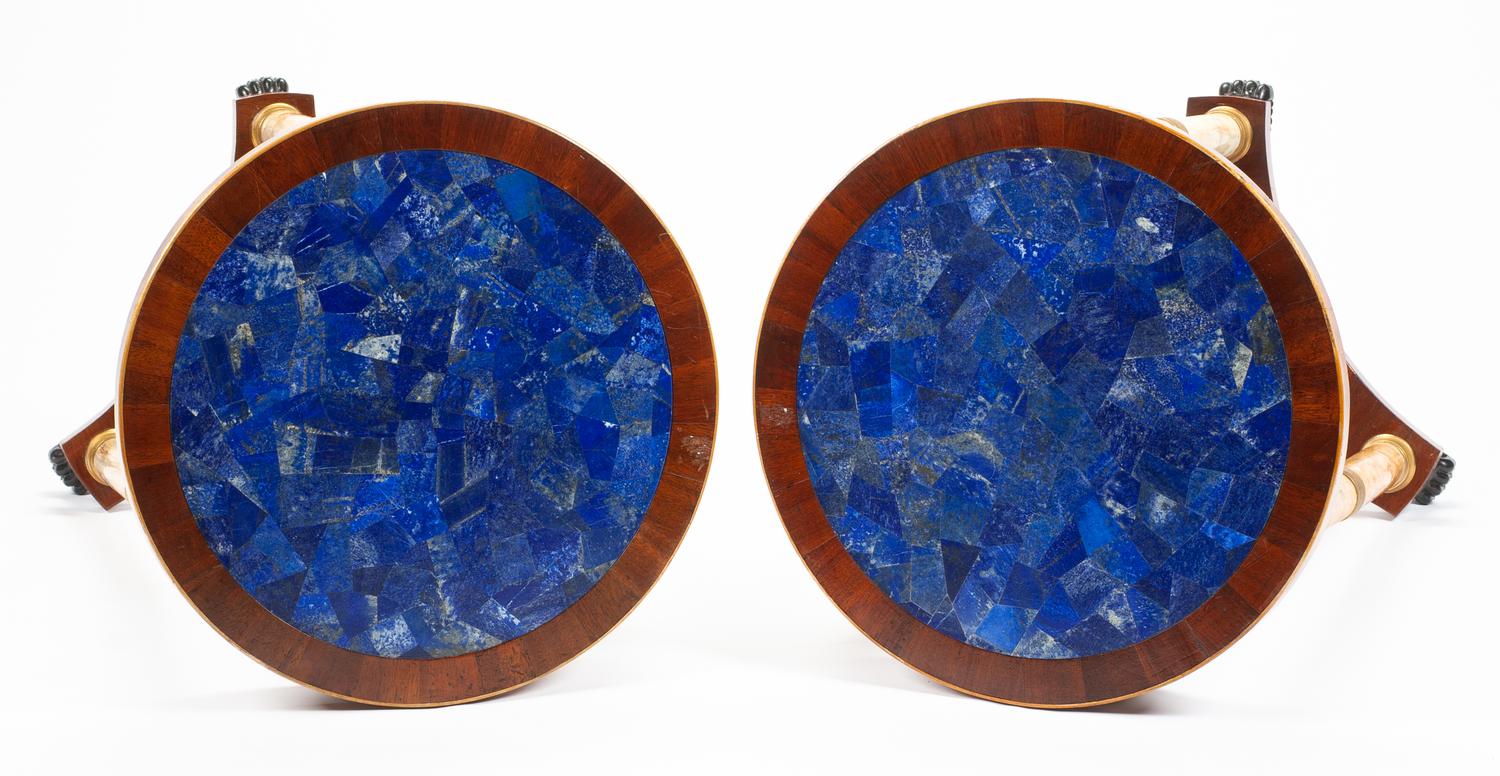 A Pair of Empire Style Gilt Bronze, Onyx and Lapis Lazuli Mounted Mahogany Gueridons Height 29 1/2 x diameter of top 20 1/2 inches.