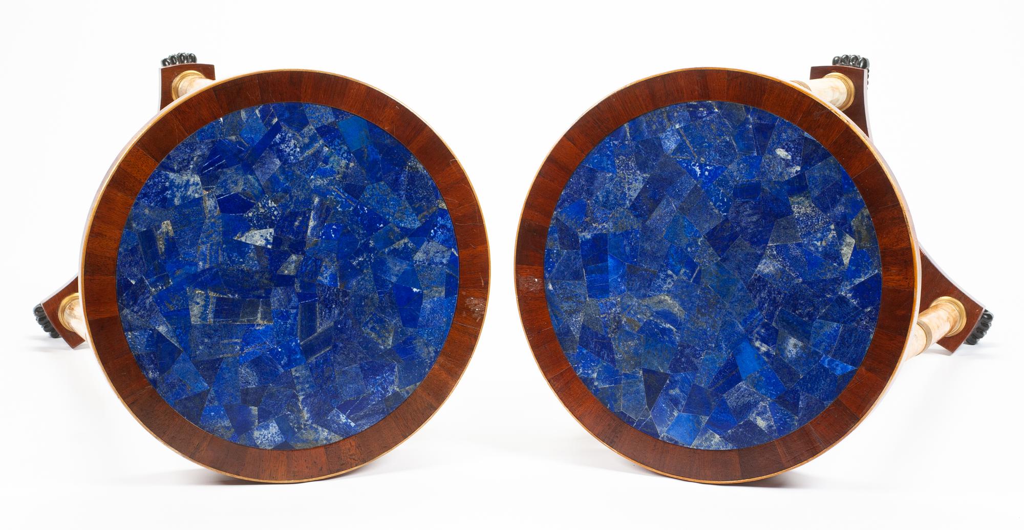 A Pair of Empire Style Gilt Bronze, Onyx and Lapis Lazuli Mounted Mahogany Gueridons Height 29 1/2 x diameter of top 20 1/2 inches.