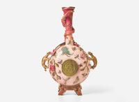 An Aesthetic Movement Zsolnay lustreware clock vase, Pecs, Hungary, with works by Japy Frères & Cie, Paris, retailed by J.E. Caldwell & Co., Philadelphia, PA, 1878-1879