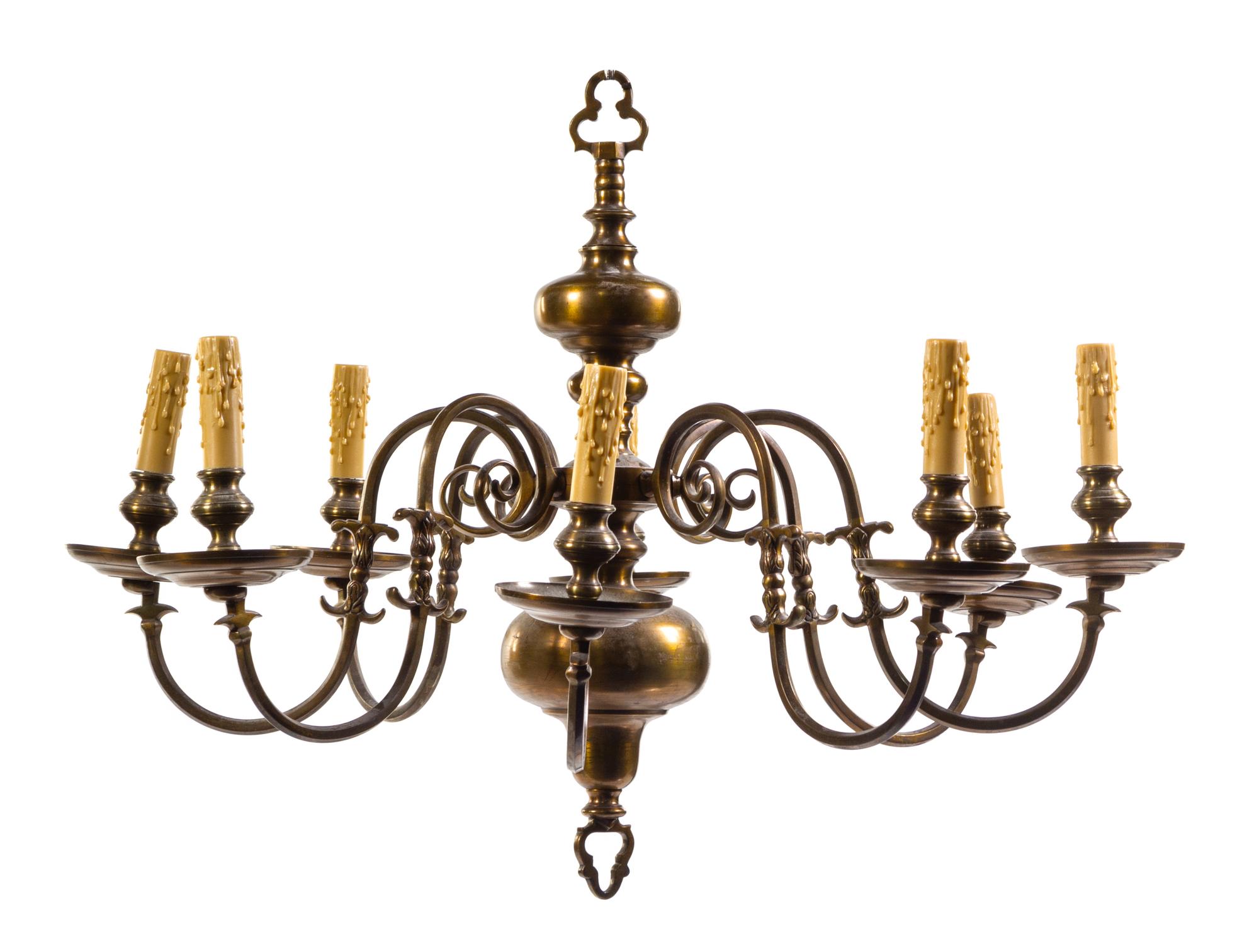 A Dutch Baroque Style Brass Eight-Light Chandelier