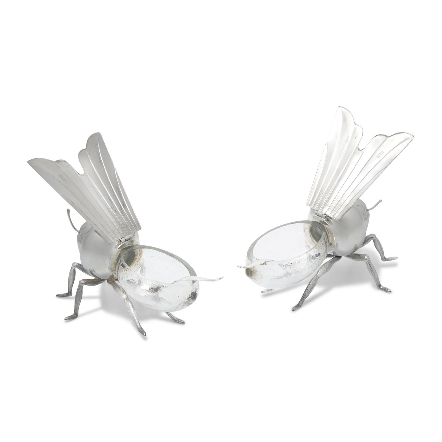 A Pair of Peruvian Silver and Glass Bee-Form Honey Dishes and Spoons