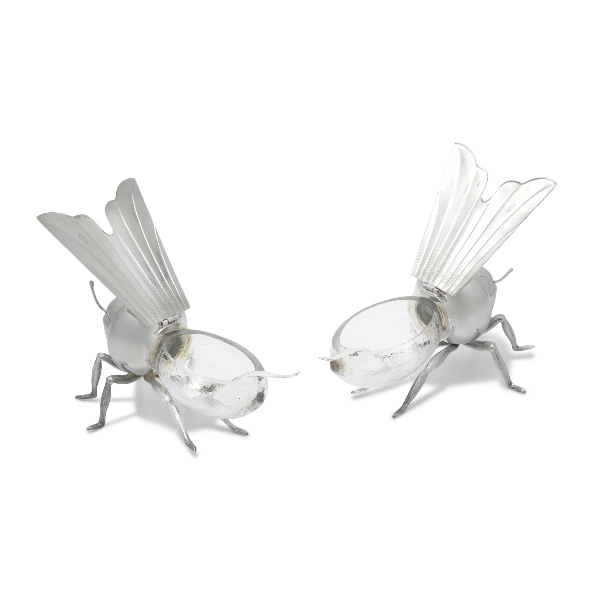 A Pair of Peruvian Silver and Glass Bee-Form Honey Dishes and Spoons