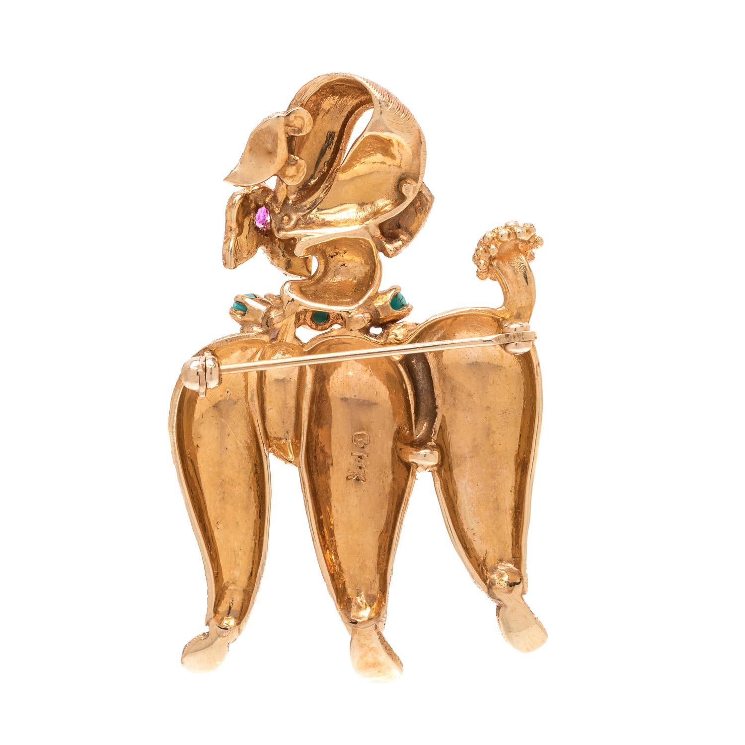 YELLOW GOLD AND GEMSTONE POODLE BROOCH