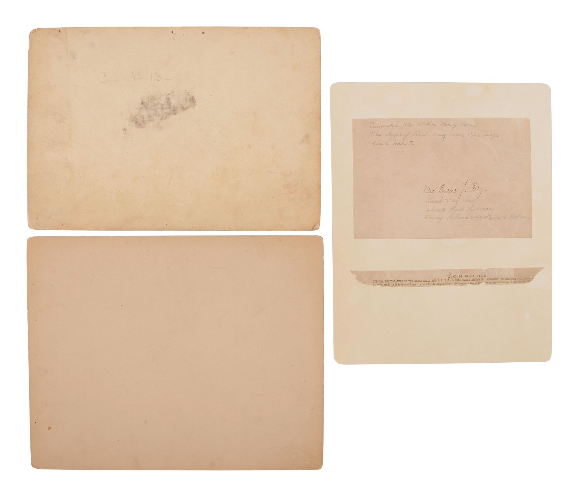 GRABILL, John C.H. (1849-1903), photog. Three photographs taken at Pine Ridge, incl. views of Big Foot's camp and Tasunka, Ota AKA Plenty Horses, the slayer of Lieutenant Casey, 1891.
