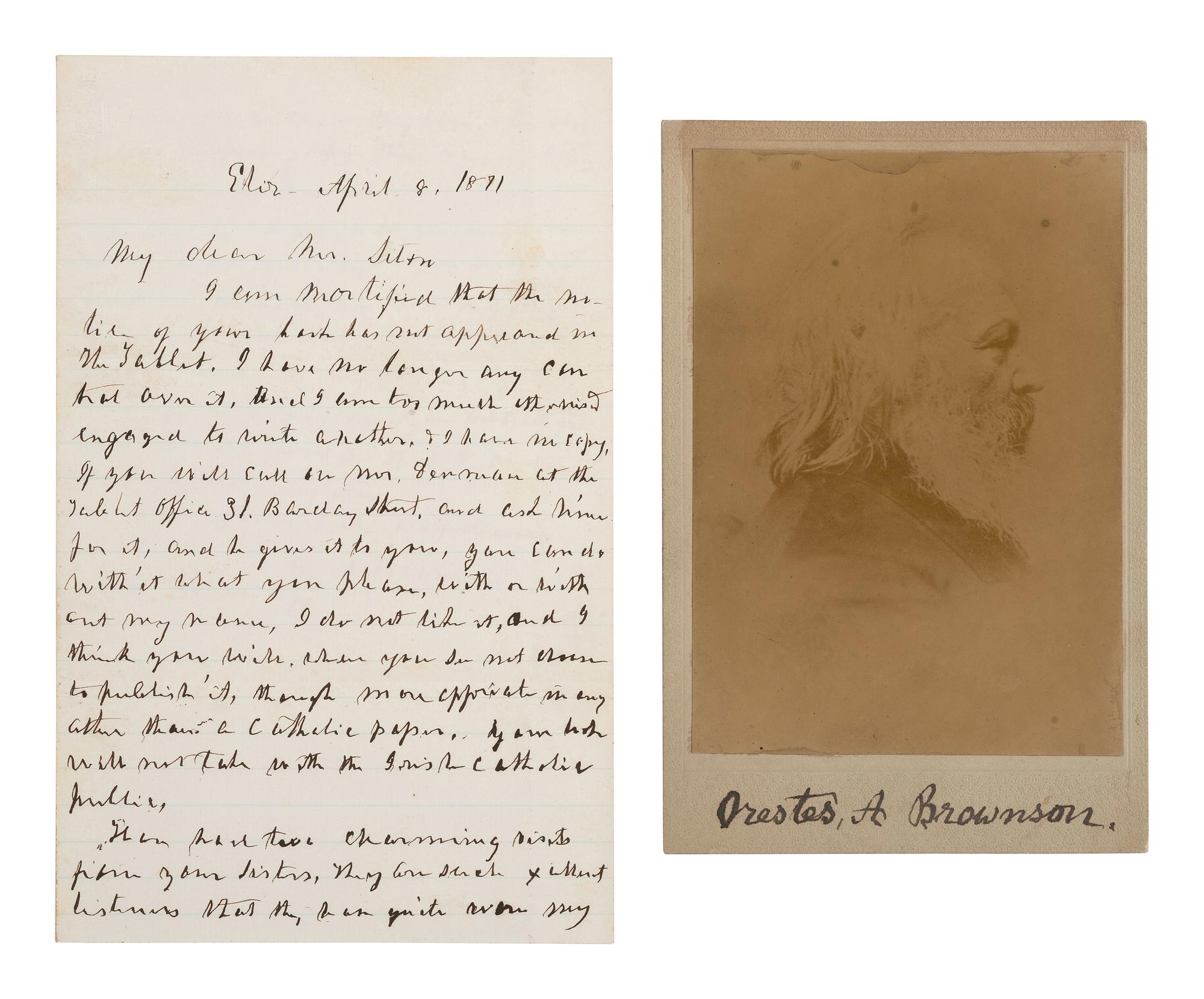 BROWNSON, Orestes A. (1803-1876). Autograph letter signed ("O. A. Brownson"). 8 April 1871.