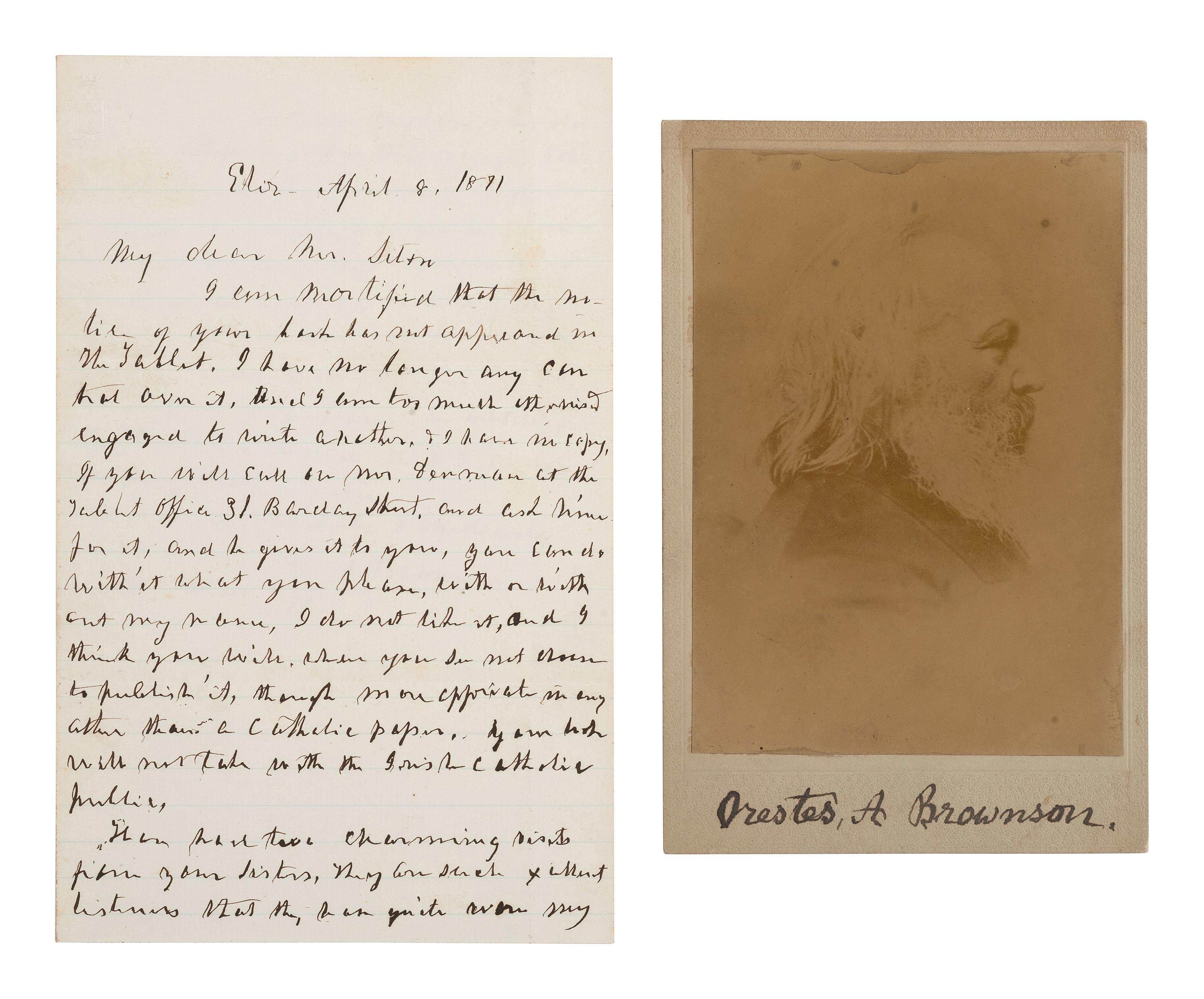 BROWNSON, Orestes A. (1803-1876). Autograph letter signed ("O. A. Brownson"). 8 April 1871.