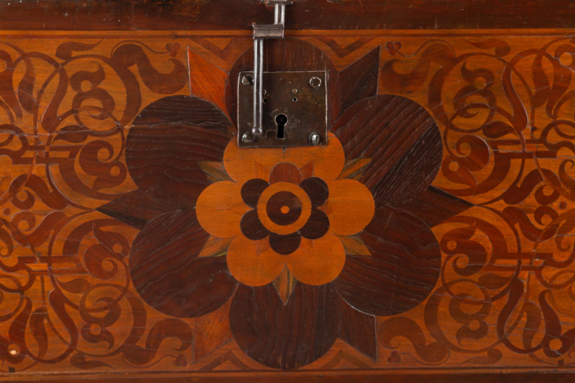 A Spanish Marquetry Vargueño and Stand