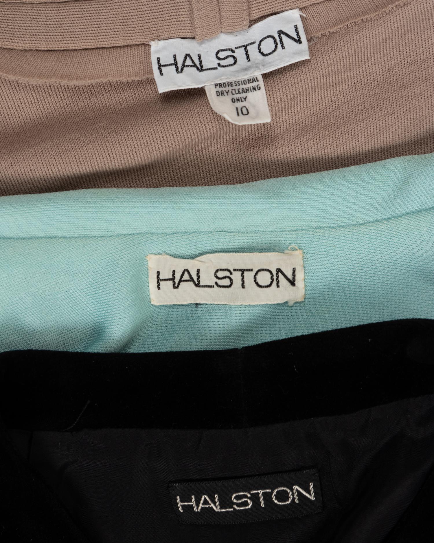 Five Halston Pieces: One Two-Piece Ensemble, Two Dresses, One Ultrasuede Dress Attributed to Halston, 1970s