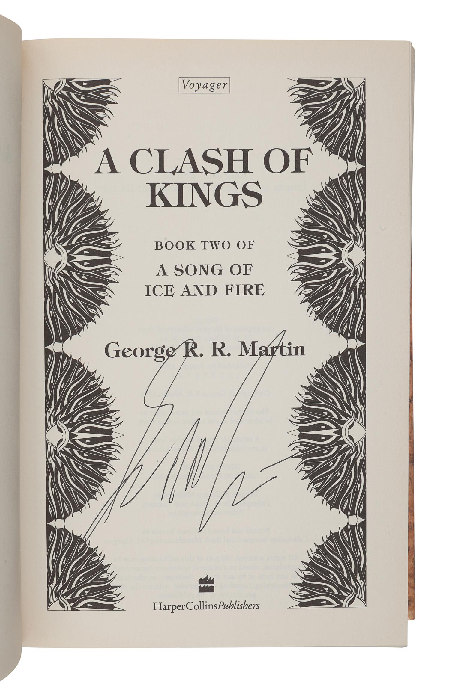 MARTIN, George R. R. (b. 1948). [A Song of Ice and Fire series:] A Game of Thrones -- A Clash of Kings -- A Storm of Swords -- A Feast for Crows . London: Voyager, Harper Collins, 1996, 1998, 2000, 2005.