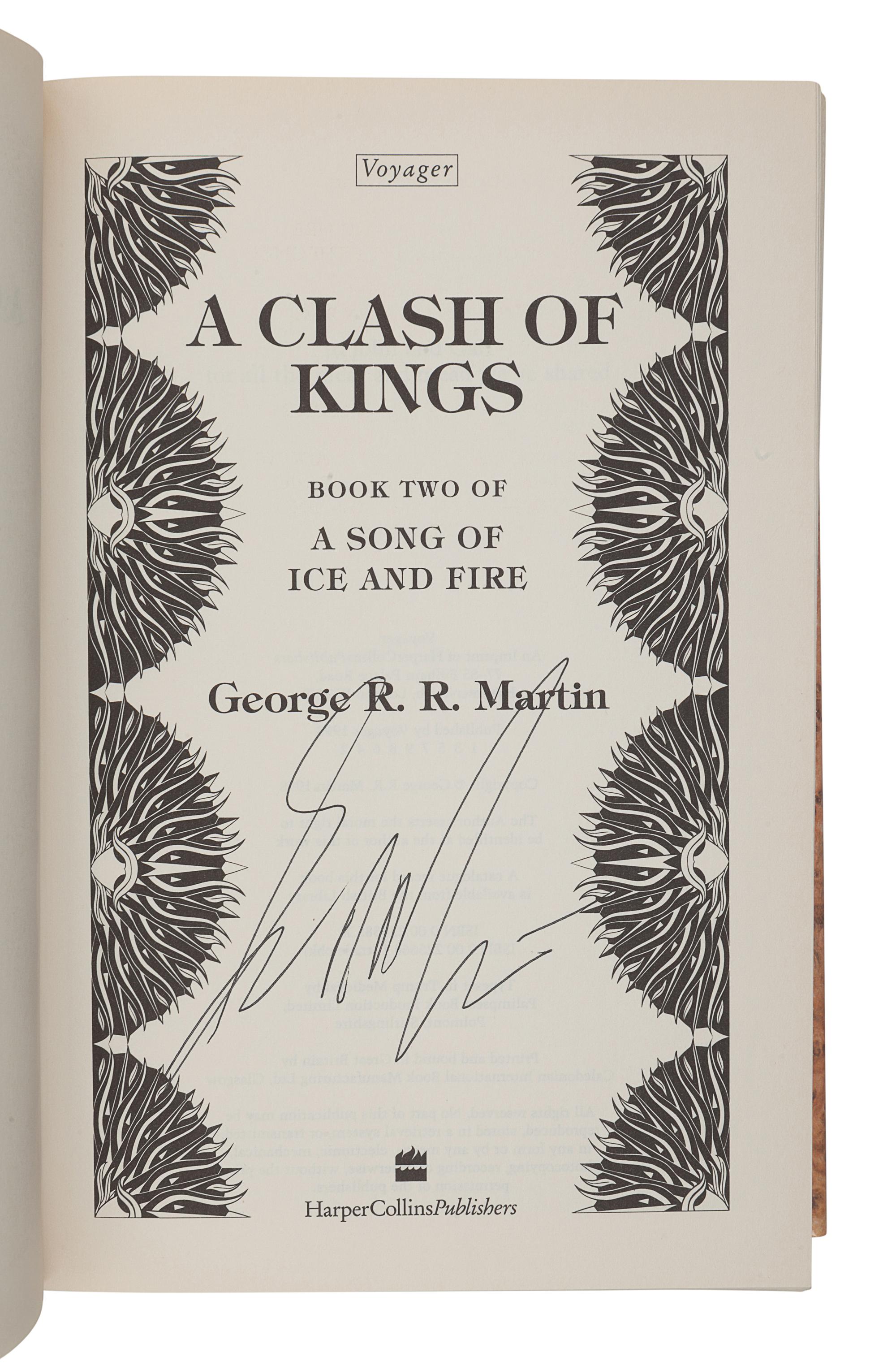 MARTIN, George R. R. (b. 1948). [A Song of Ice and Fire series:] A Game of Thrones -- A Clash of Kings -- A Storm of Swords -- A Feast for Crows . London: Voyager, Harper Collins, 1996, 1998, 2000, 2005.