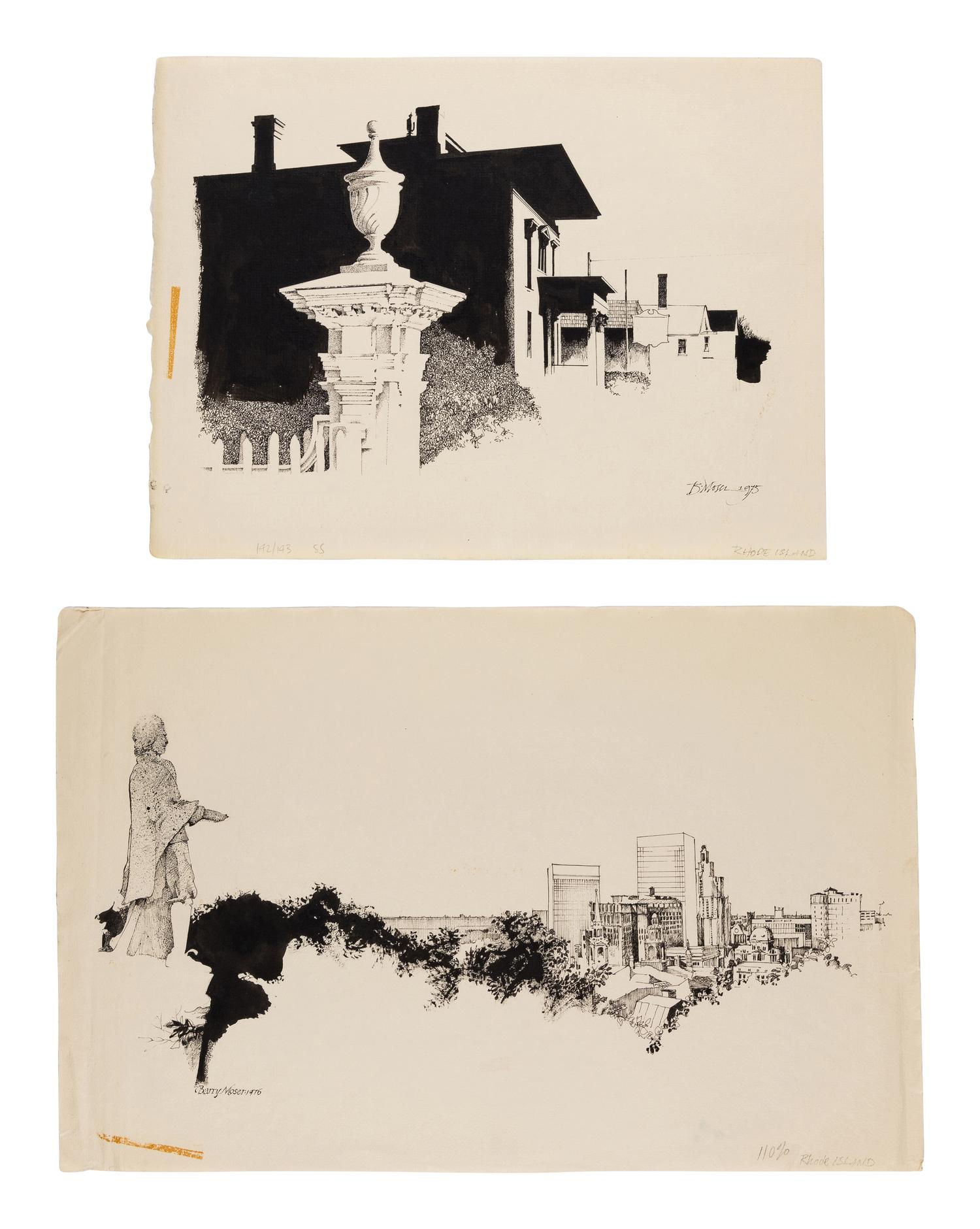 MOSER, Barry. 2 fine original pen & ink drawings for the Rhode Island: A Historical Guide , by Steinberg & McGuigan, published for the Rhode Island Bicentennial Commission (1976). comprising.