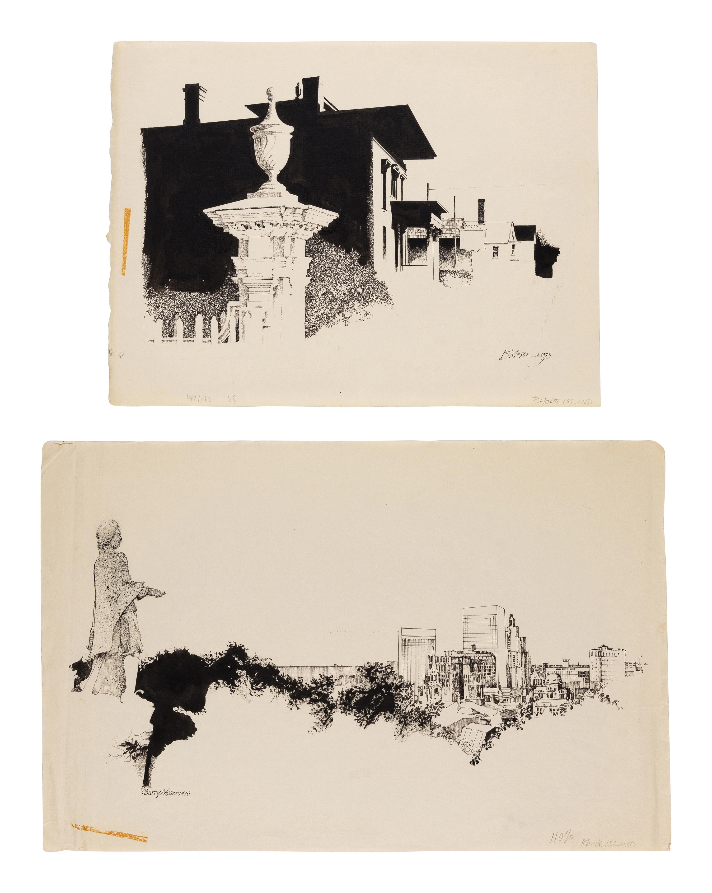 MOSER, Barry. 2 fine original pen & ink drawings for the Rhode Island: A Historical Guide , by Steinberg & McGuigan, published for the Rhode Island Bicentennial Commission (1976). comprising.