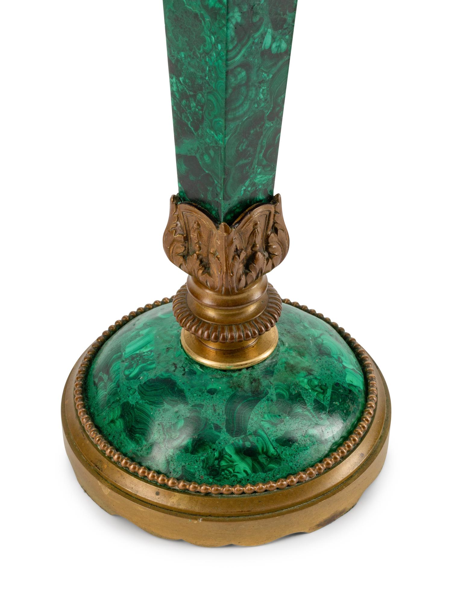 A Pair of Neoclassical Style Gilt-Bronze and Malachite Five-Light Candelabra