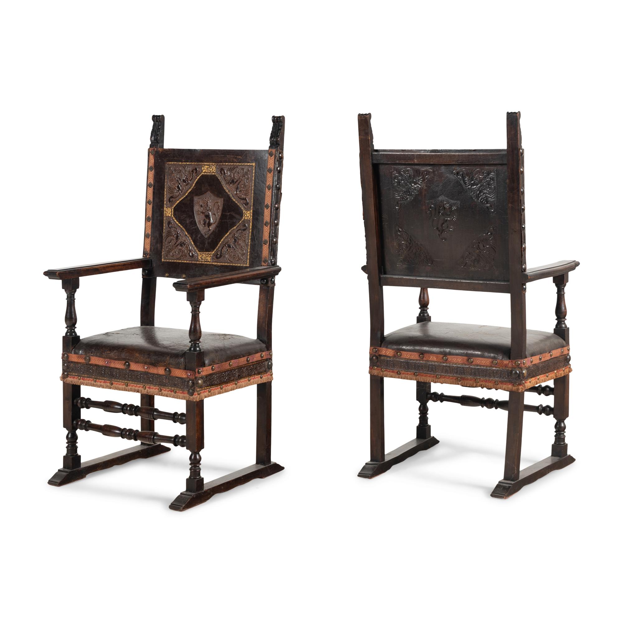A Pair of Spanish Baroque Style Walnut Armchairs