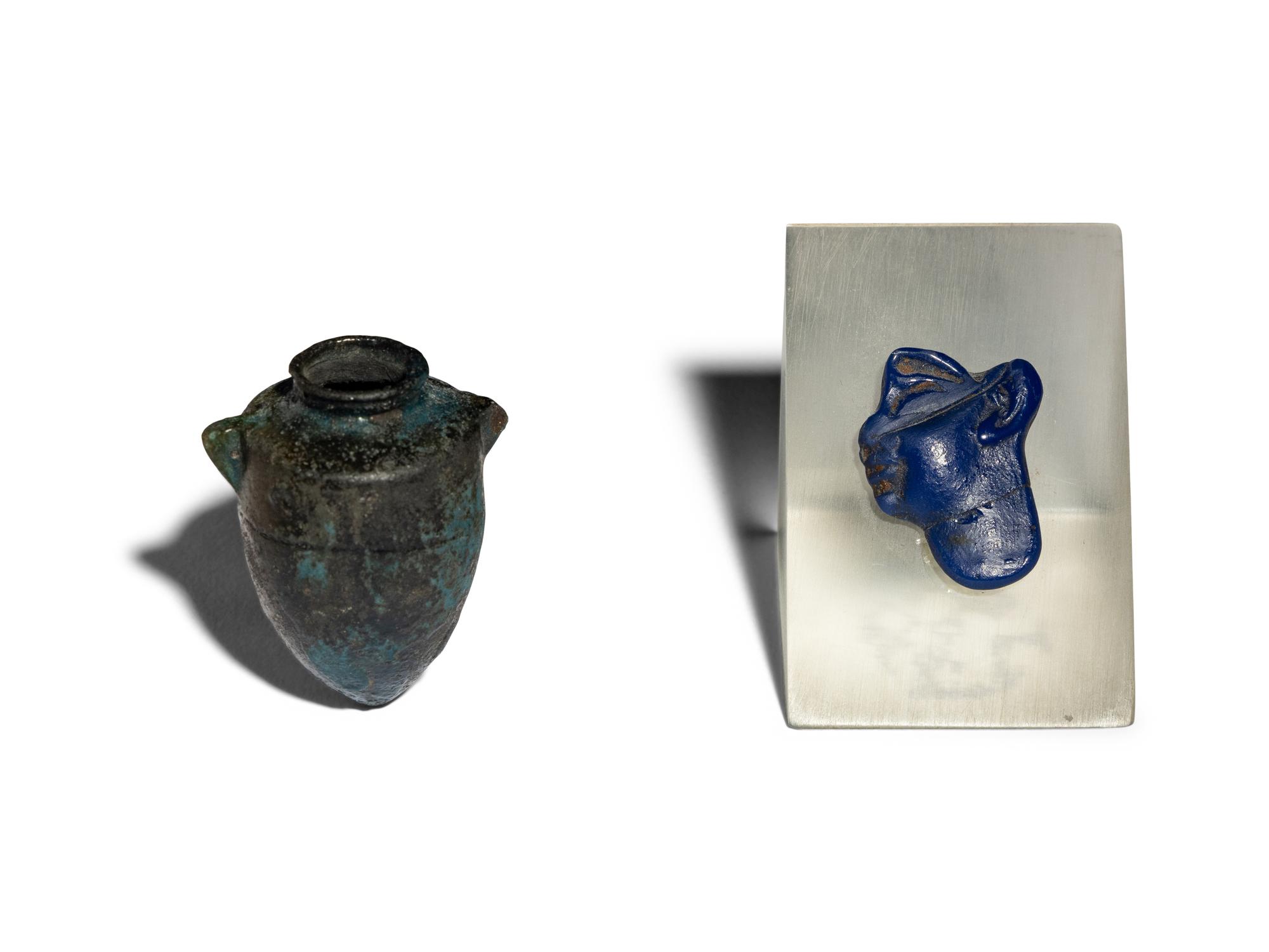 An Egyptian Glass Inlay and An Egyptian Faience Amphoriskos