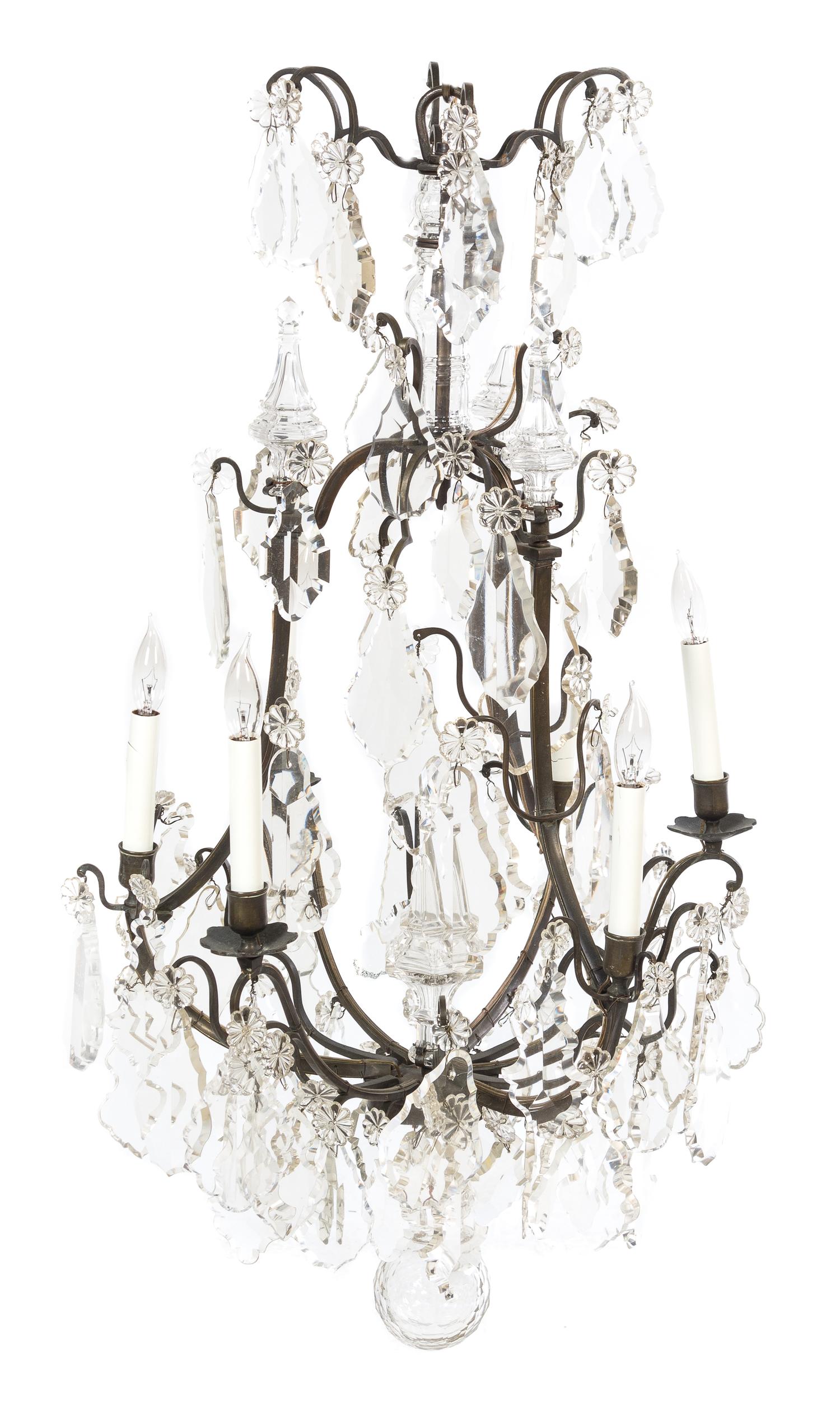 A French Bronze Six-Light Chandelier Height 38 1/2 inches.