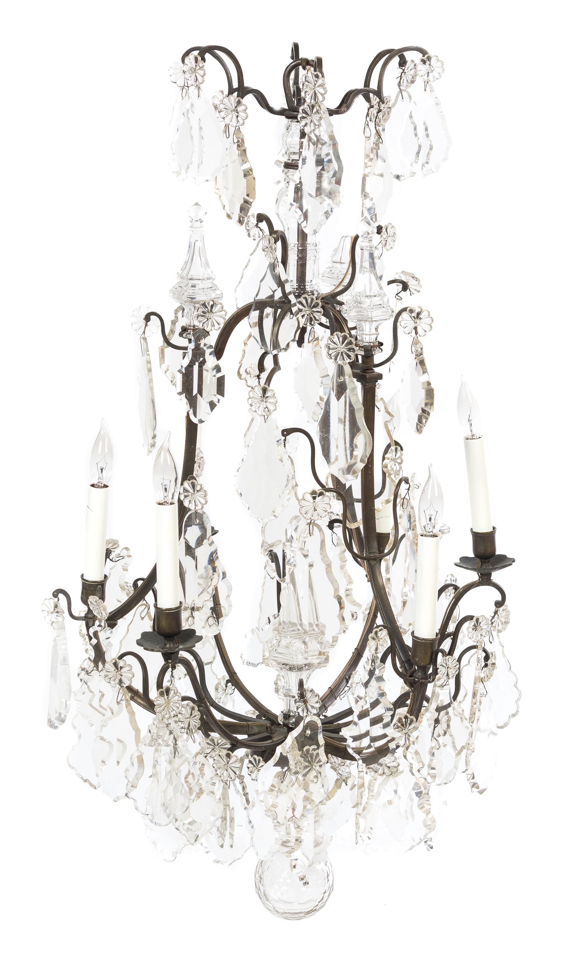 A French Bronze Six-Light Chandelier Height 38 1/2 inches.