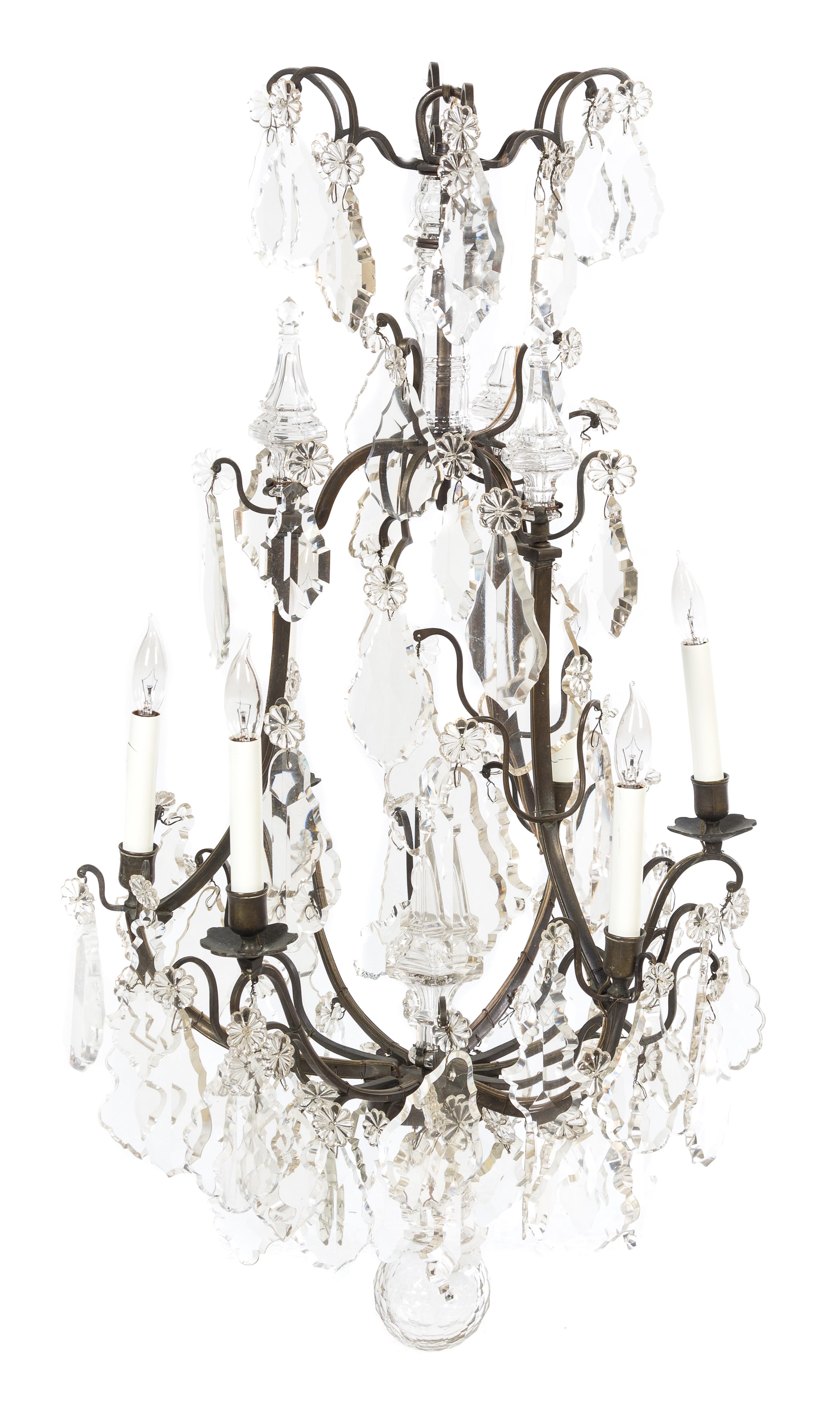 A French Bronze Six-Light Chandelier Height 38 1/2 inches.